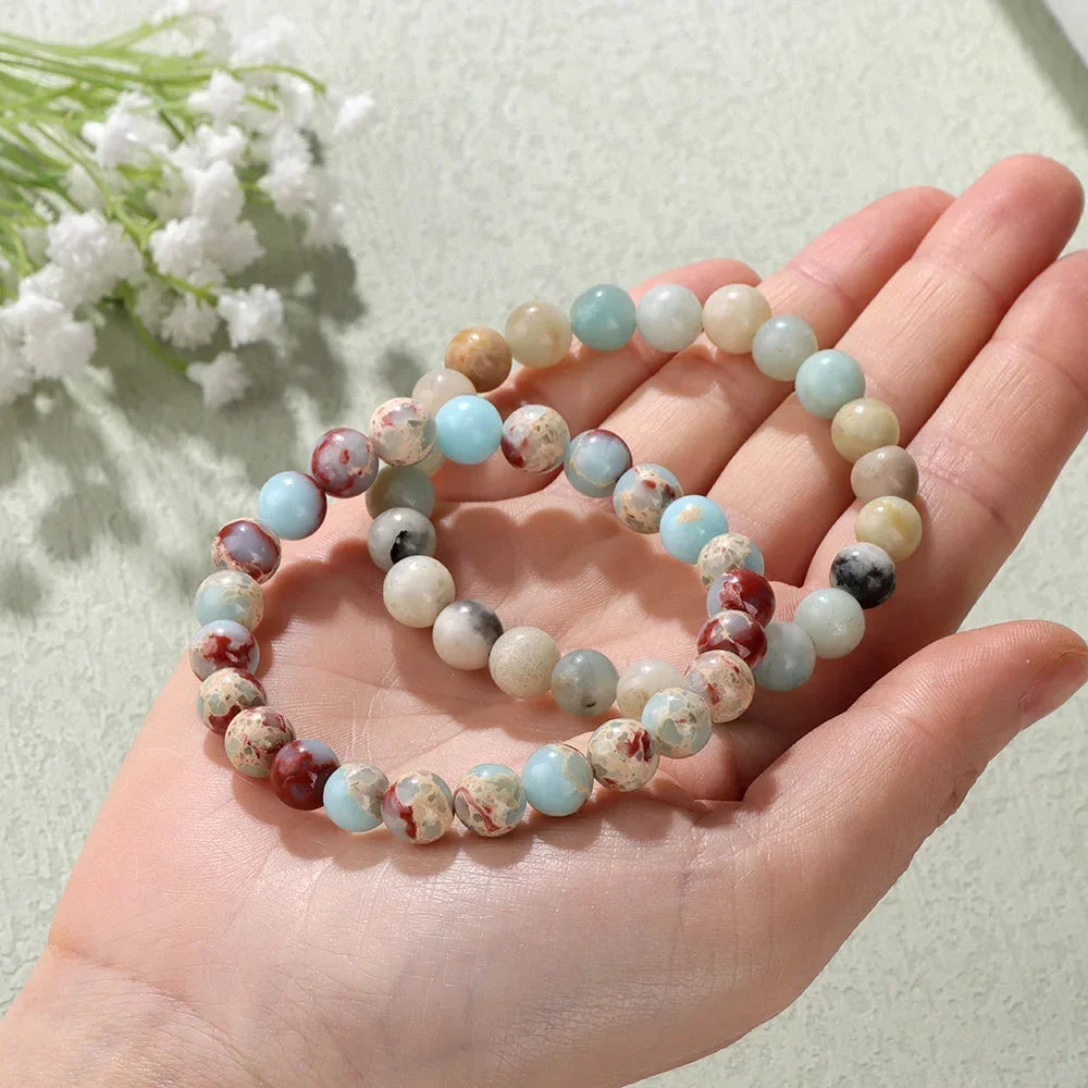 2Pcs Colorful Natural Stone Bead Bracelet Set 8MM Natural Agates Turquois Amethysts Quartzs Gem Stretch Bangle Jewelry Gift by Home for Health and Beauty