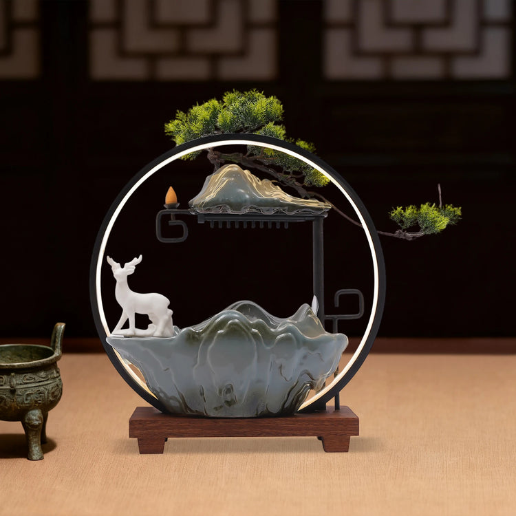 Ceramic Tabletop Fountain With Mist LED 110V Deer Figurine Pine Branches Easy Setup Quiet For Indoor Meditation Feng Shui Decor by Home for Health and Beauty