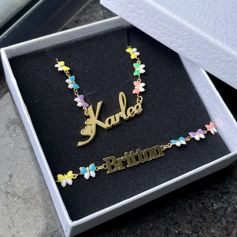 Custom Name Butterfly Necklace And Bracelet Set