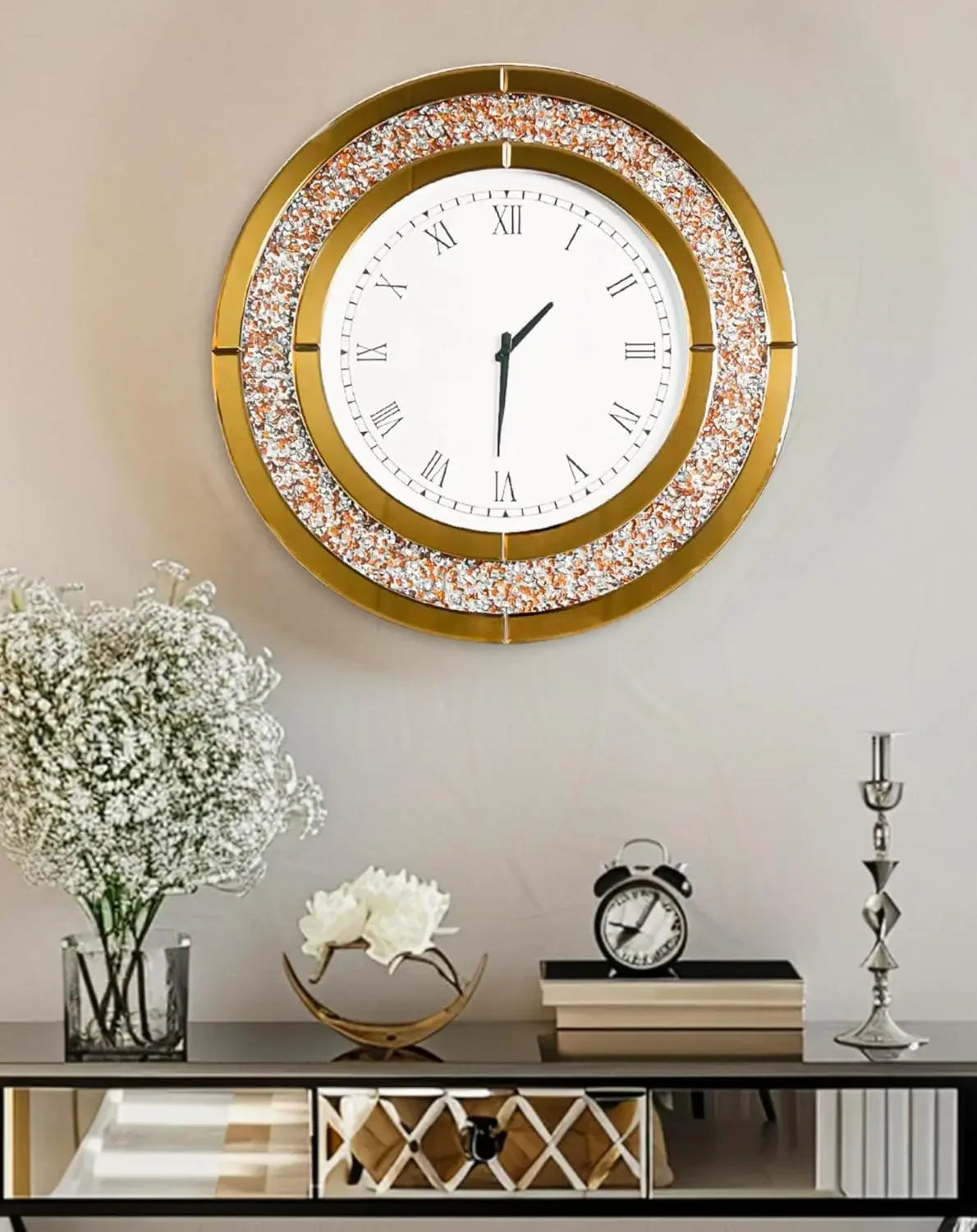 Crushed Diamond Wall Clock Round Decorative Mirrored Clock 24 inch Brown by Home for Health and Beauty