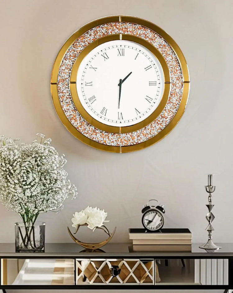 Crushed Diamond Wall Clock Round Decorative Mirrored Clock 24 inch Brown by Home for Health and Beauty