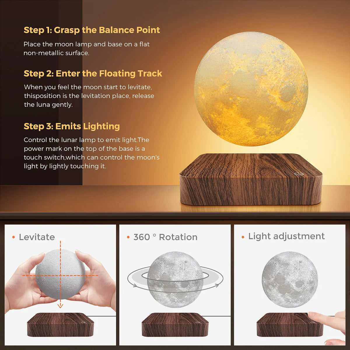 Floating Magnetic Moon Lamp With 3 Temperature Settings by Home for Health and Beauty