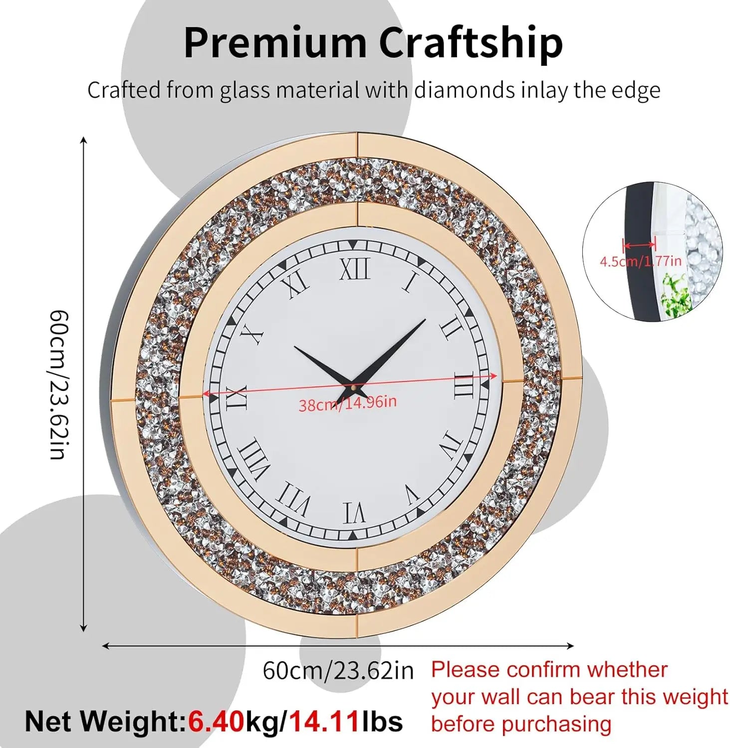 Crushed Diamond Wall Clock Round Decorative Mirrored Clock 24 inch Brown by Home for Health and Beauty