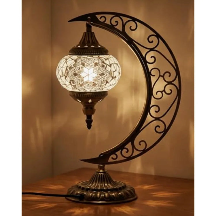 Turkish Mosaic Moon Lamp - Handmade Stained Glass Table Lamp with Metal Crescent Base, Bohemian Moroccan Bedside Night Light fo by Home for Health and Beauty