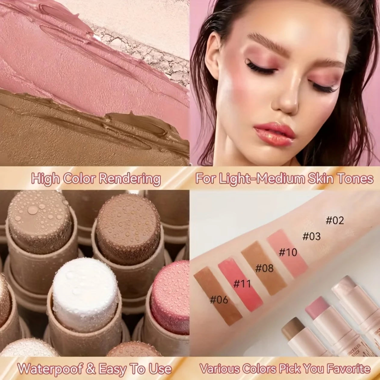 contour stick set 3-piece , including blush stick, highlighter stick, bronzer stick, and eyeliner, refreshing and non-greasy, wat by Home for Health and Beauty
