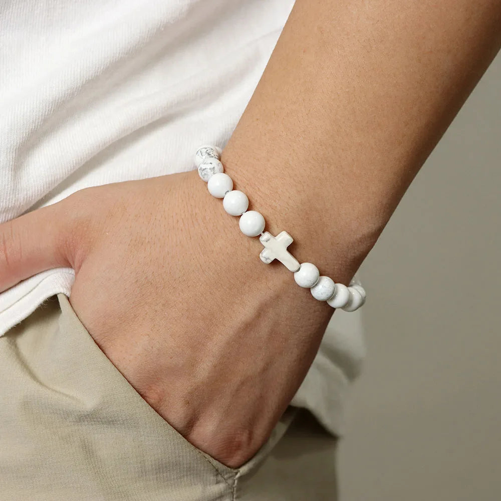 Natural Stone Cross Bracelets Unisex Prayer Yoga Jewelry