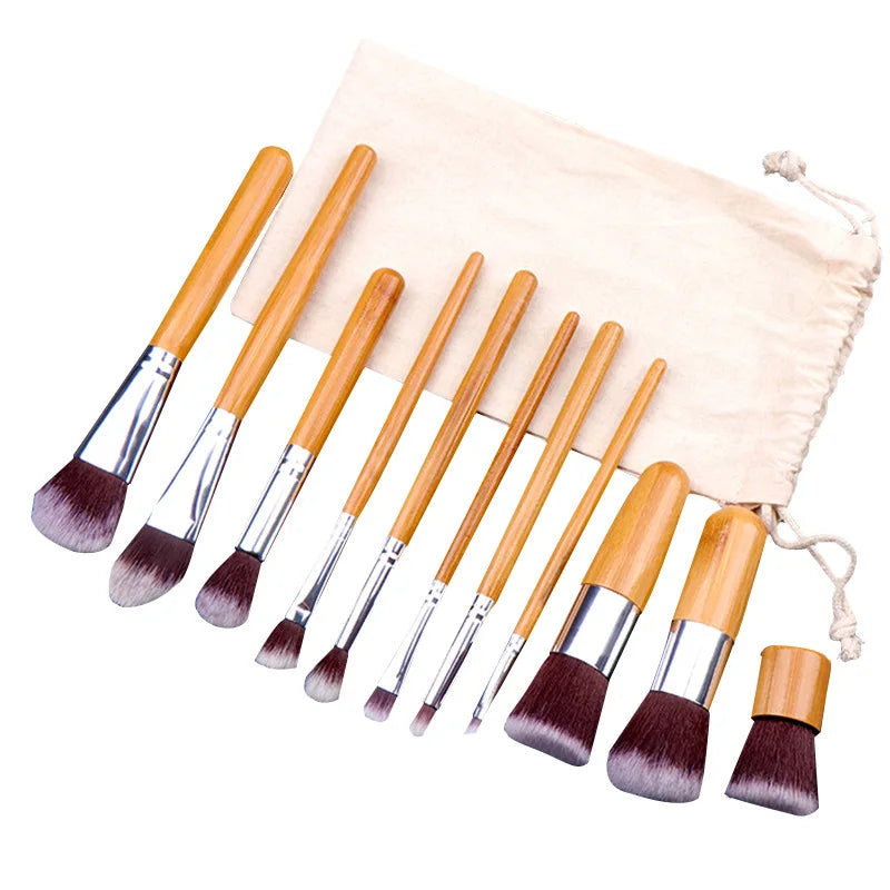 Natural Bamboo Handle Makeup Brush Set 11 Pcs Foundation Blending