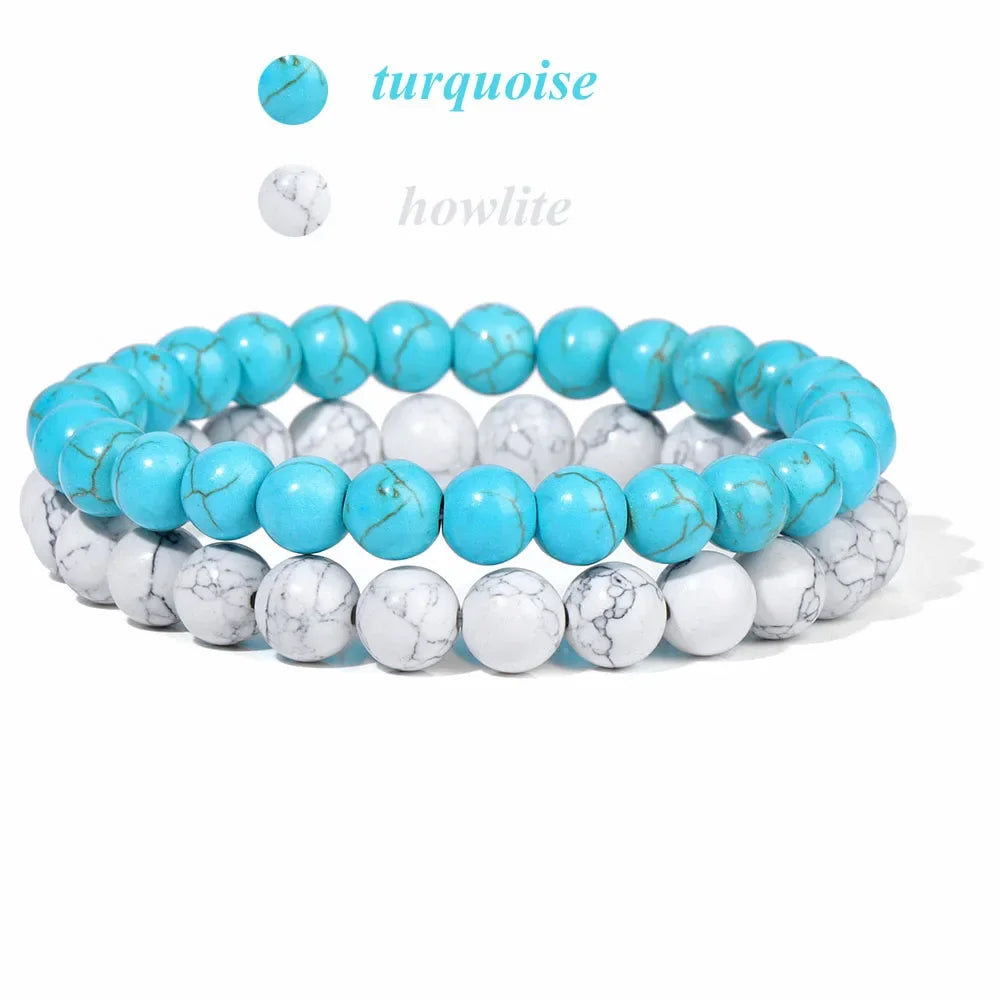 2Pcs Colorful Natural Stone Bead Bracelet Set 8MM Natural Agates Turquois Amethysts Quartzs Gem Stretch Bangle Jewelry Gift by Home for Health and Beauty