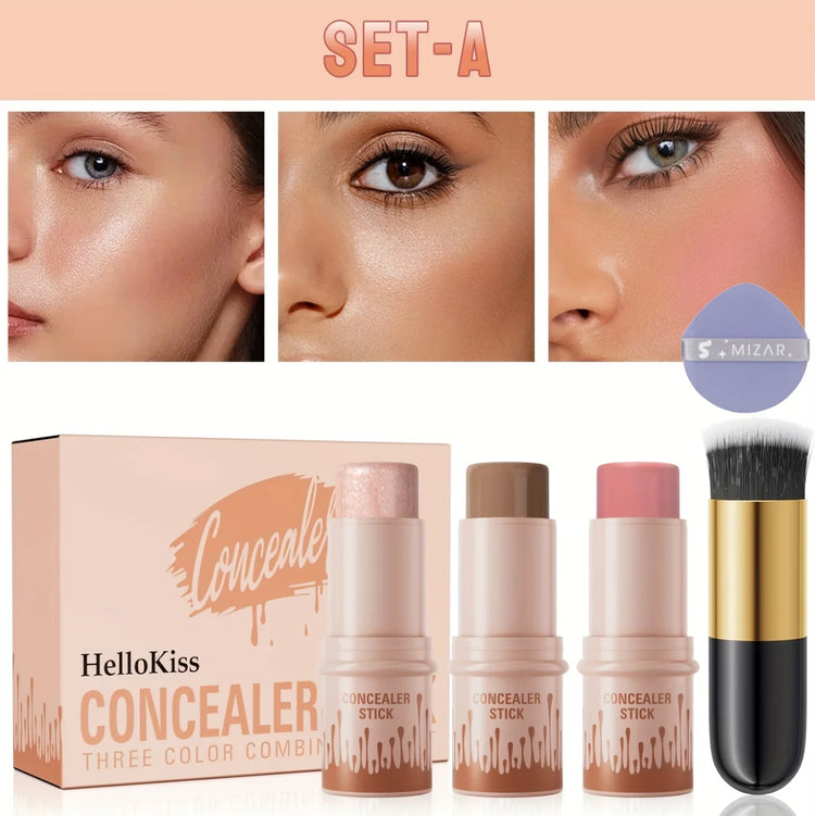 contour stick set 3-piece , including blush stick, highlighter stick, bronzer stick, and eyeliner, refreshing and non-greasy, wat by Home for Health and Beauty
