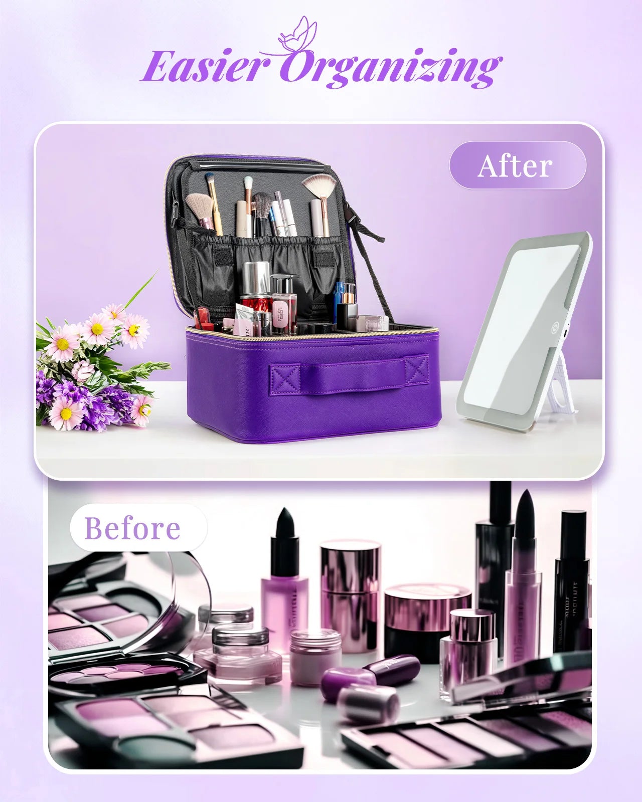 Makeup Bag With Mirror Lamp Travel Waterproof Cosmetic Case