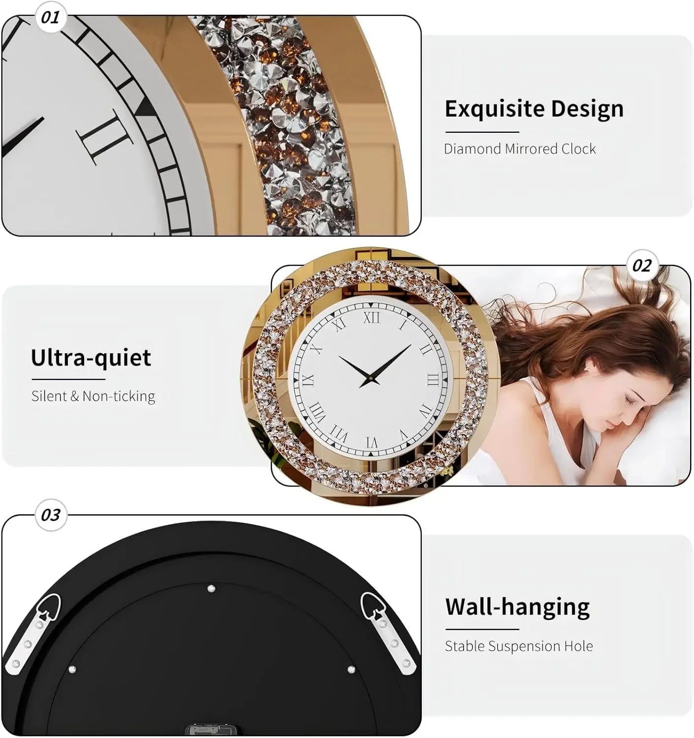 Crushed Diamond Wall Clock Round Decorative Mirrored Clock 24 inch Brown by Home for Health and Beauty
