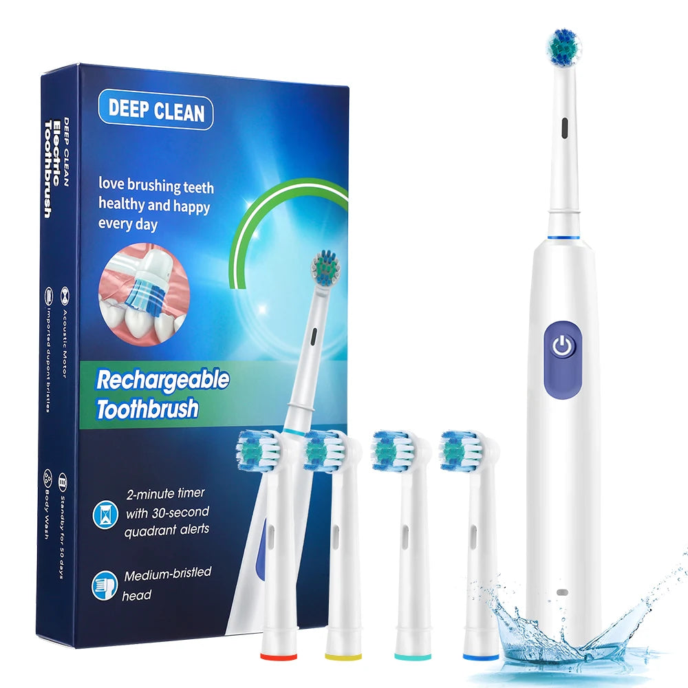 US Stock Round Rotating Electric Toothbrush for Adults Soft Bristles 5 Cleaning Modes USB Rechargeable, with 4 Replacement Heads by Home for Health and Beauty