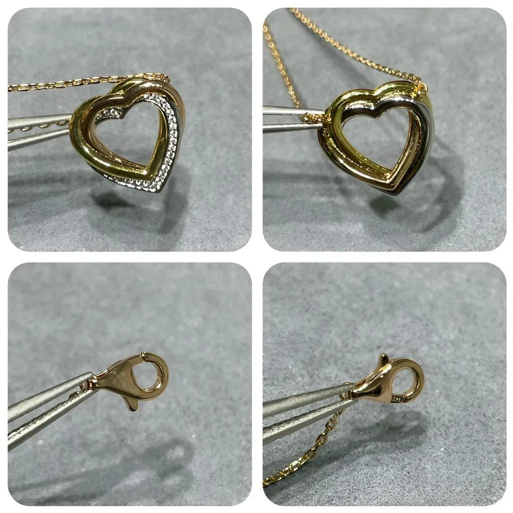 Three Tone Gold Heart Necklace Diamond Pave Pendant
