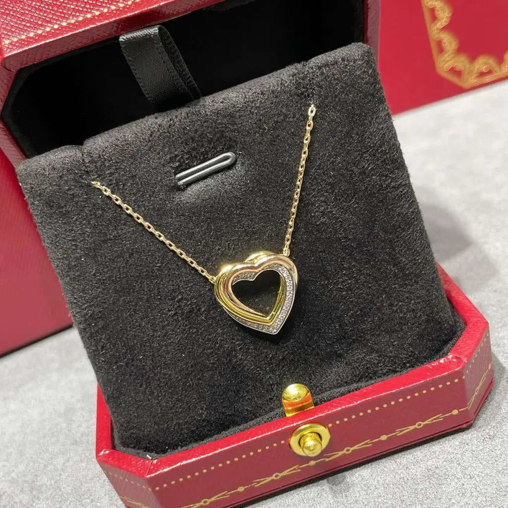 Three Tone Gold Heart Necklace Diamond Pave Pendant