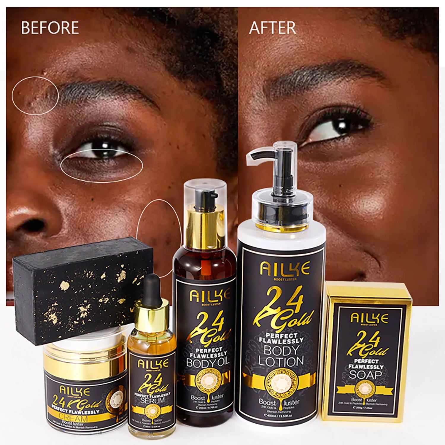 AILKE 24K Glod Flawlessly Skin Care Range, Skin Whitener, Reduce Dark Spots, Melanin, Wrinkles, Moisturize, For Women & Men by Home for Health and Beauty