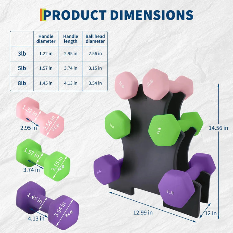 Hexagon PVC Coated Dumbbell Set for Home Gym Anti-Roll Hand Weights Strength Training Equipment for Men Women – 3, 5, 8 lb Pairs by Home for Health and Beauty