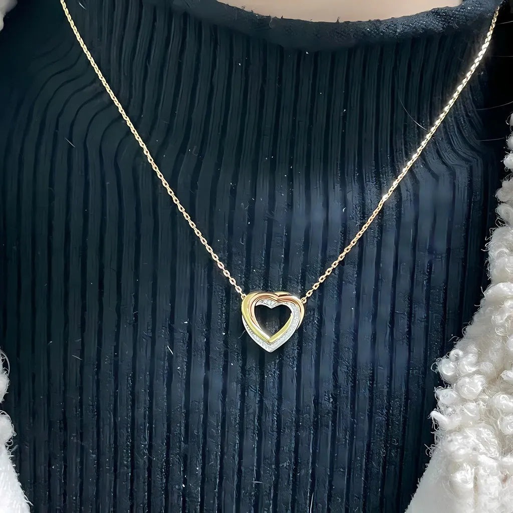 Three Tone Gold Heart Necklace Diamond Pave Pendant