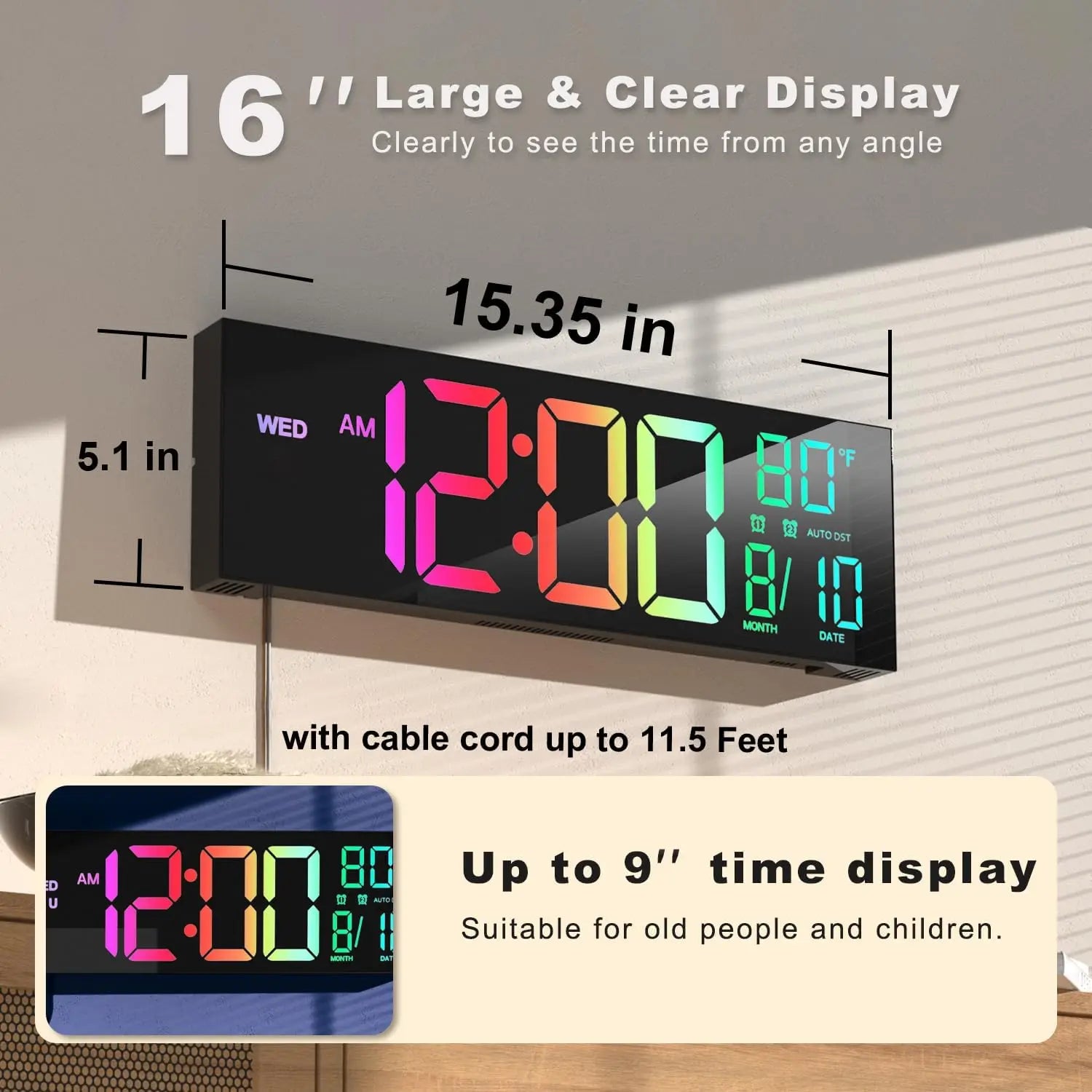 16" Large Digital Wall Clock With Remote Control, Timer, Alarm With Big LED Screen Dispaly, 8 RGB Colors, Auto DST, Temperature by Home for Health and Beauty