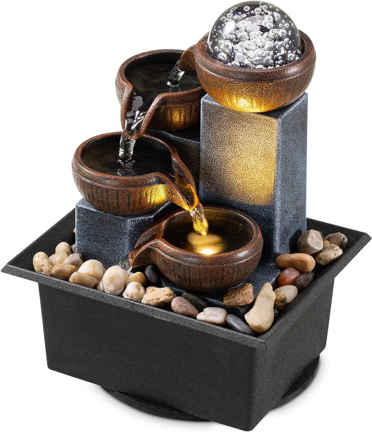 4-Tier Tabletop Waterfall Fountain with LED Lights and Natural Rocks for Home Office Relaxation by Home for Health and Beauty