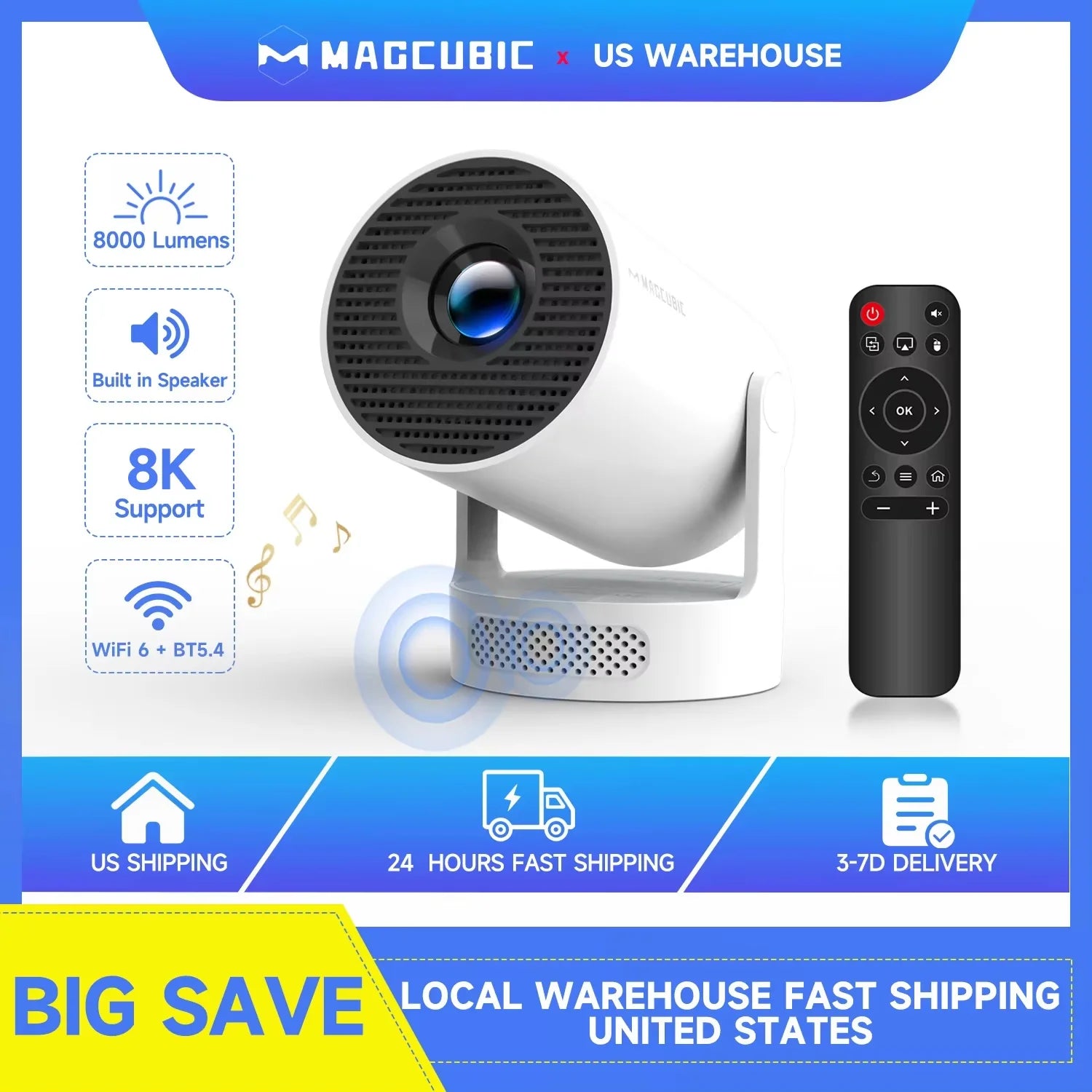 Pro + Projector 8K 720P With 5W Speaker Android 14 8000 Lumens WiFi 6 BT5.4 Outdoor Video Home Theater Projector by Home for Health and Beauty