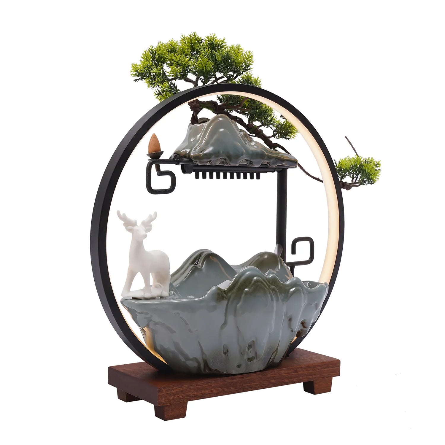 Ceramic Tabletop Fountain With Mist LED 110V Deer Figurine Pine Branches Easy Setup Quiet For Indoor Meditation Feng Shui Decor by Home for Health and Beauty