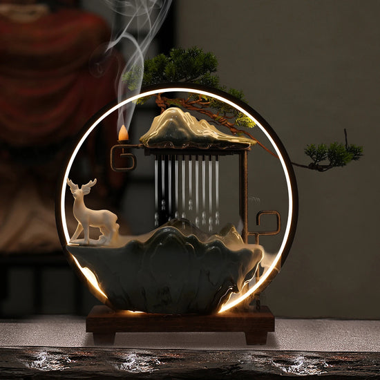 Ceramic Tabletop Fountain With Mist LED 110V Deer Figurine Pine Branches Easy Setup Quiet For Indoor Meditation Feng Shui Decor by Home for Health and Beauty