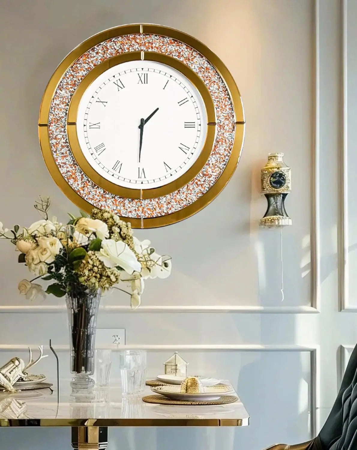 Crushed Diamond Wall Clock Round Decorative Mirrored Clock 24 inch Brown by Home for Health and Beauty