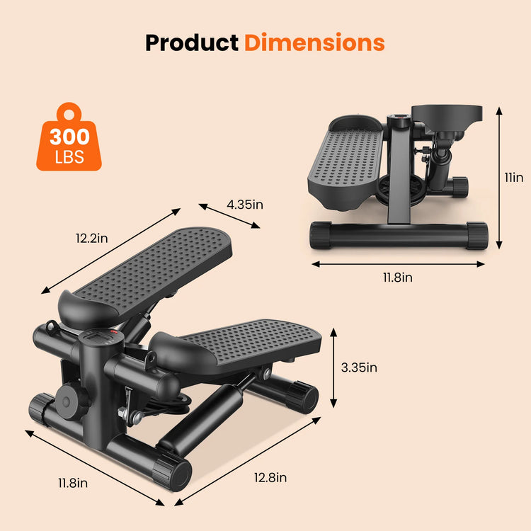 Mini Stepper with Resistance Bands 300 LBS Weight Capacity Hydraulic Home Stepper Machine Compact Cardio Equipment with LCD Monitor No Assembly Required by Home for Health and Beauty
