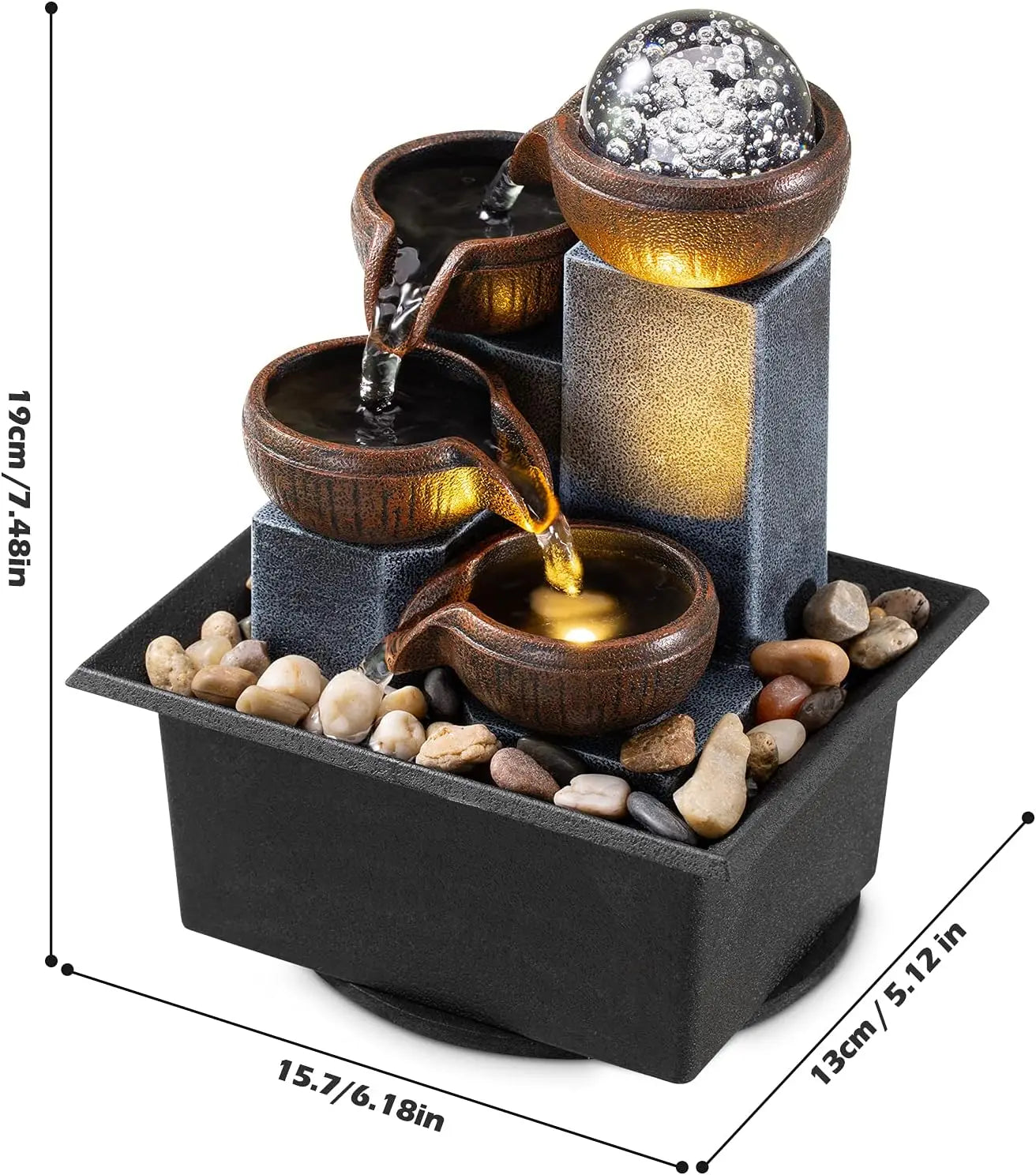 4-Tier Tabletop Waterfall Fountain with LED Lights and Natural Rocks for Home Office Relaxation by Home for Health and Beauty