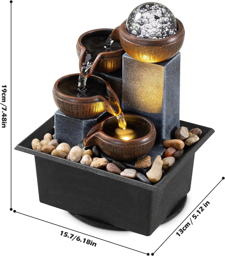4-Tier Tabletop Waterfall Fountain with LED Lights and Natural Rocks for Home Office Relaxation by Home for Health and Beauty