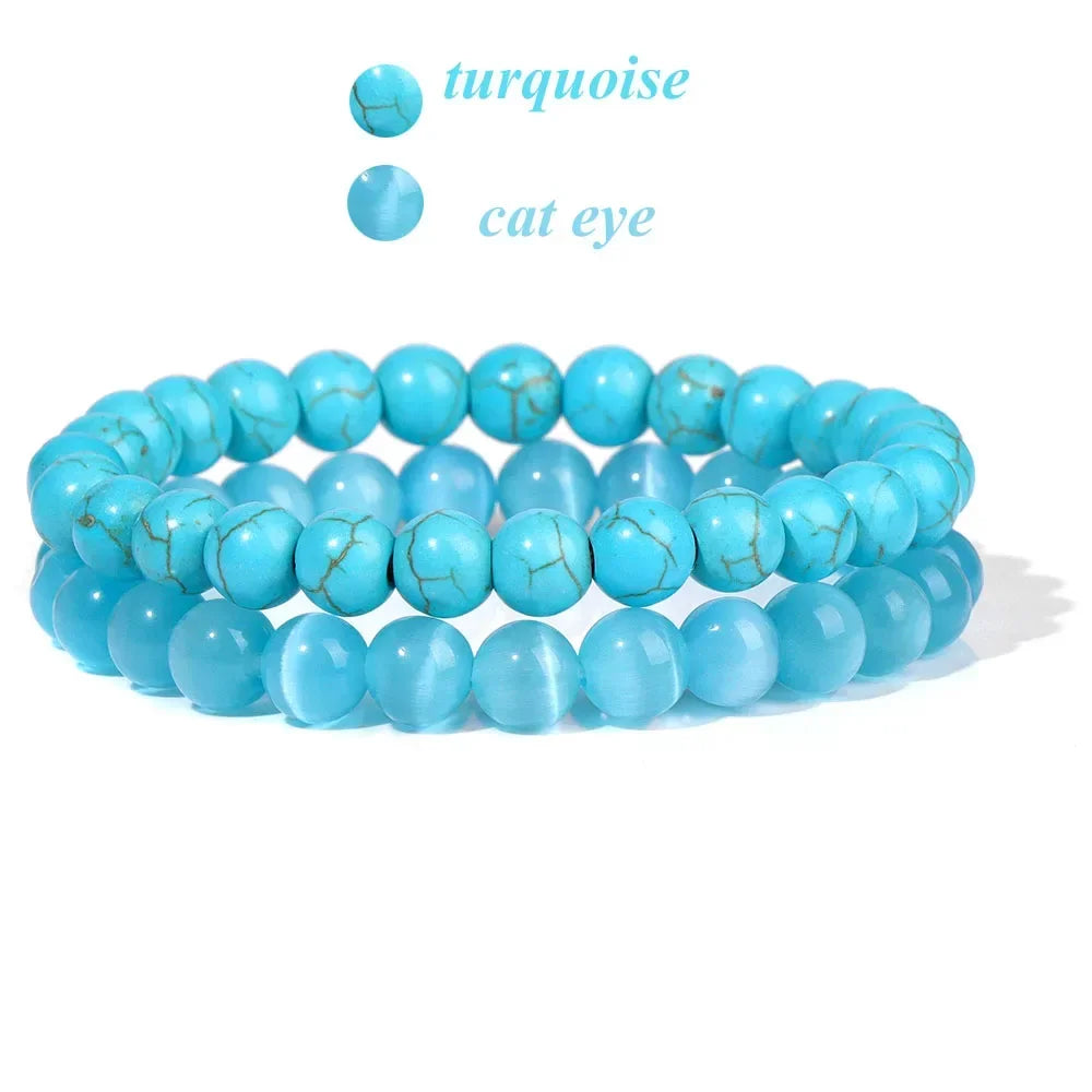 2Pcs Colorful Natural Stone Bead Bracelet Set 8MM Natural Agates Turquois Amethysts Quartzs Gem Stretch Bangle Jewelry Gift by Home for Health and Beauty