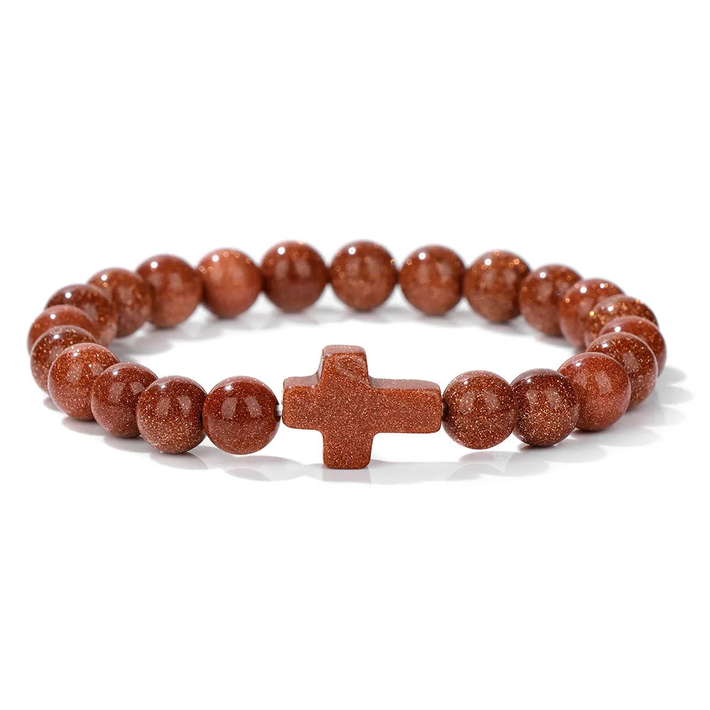 Natural Stone Cross Bracelets Unisex Prayer Yoga Jewelry