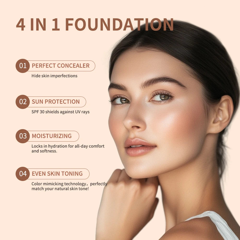 4 In 1 Foundation Long-wearing Moisturizing Waterproof Concealer Even Skin Tone SPF 30 Liquid Hydrating Full Coverage Concealer by Home for Health and Beauty
