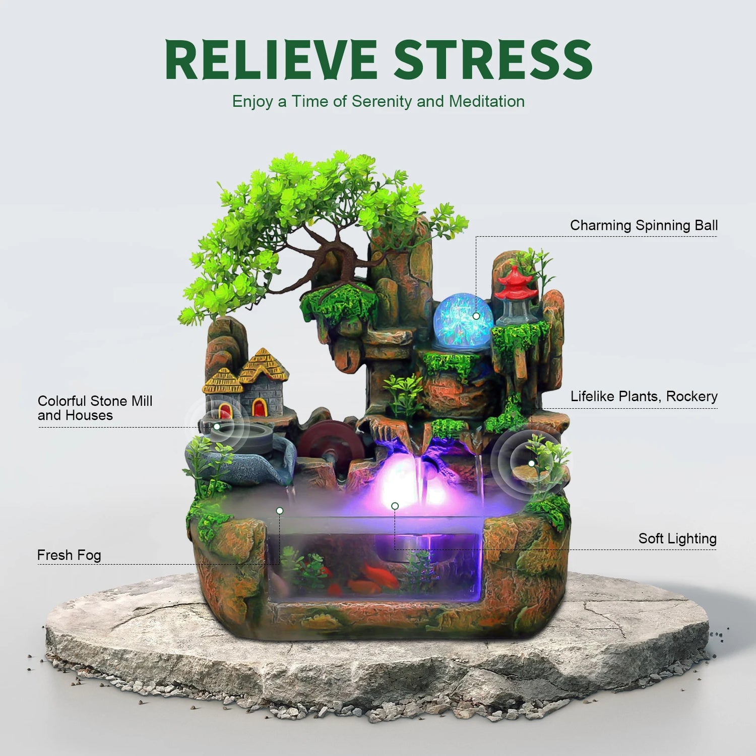 Lucky Feng Shui Money Tree Water Fountain With Resin Rockery by Home for Health and Beauty