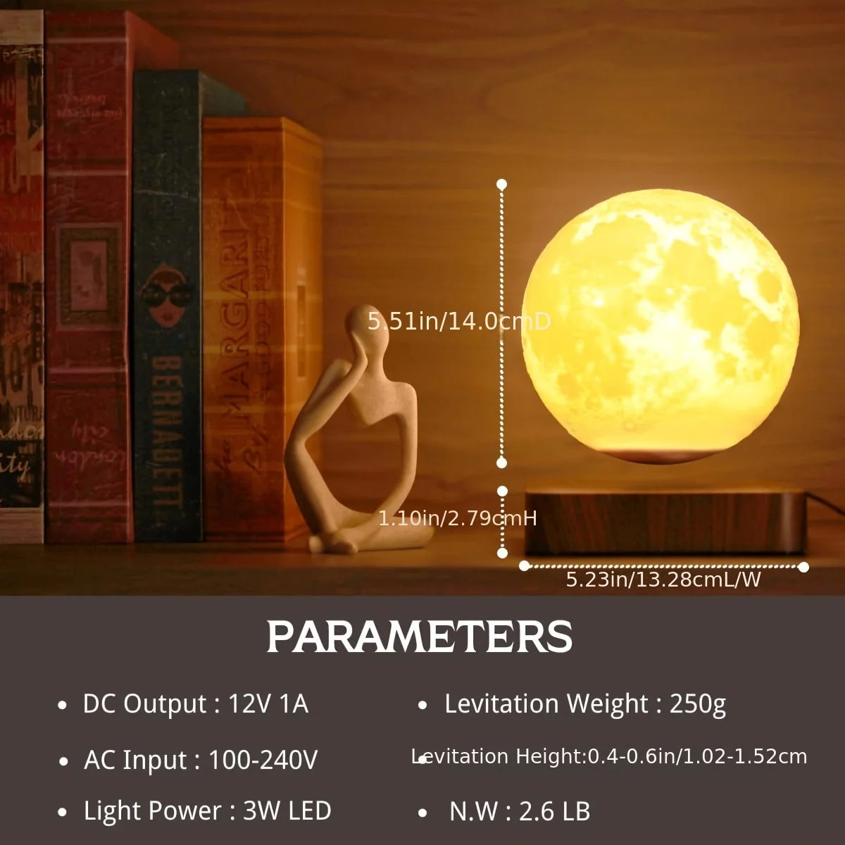 Magnetic Floating Rotating Moon Lamp with Wooden Base, 3 Color Temperature LED Night Lights of Print 3D for Unique Gifts, Room by Home for Health and Beauty
