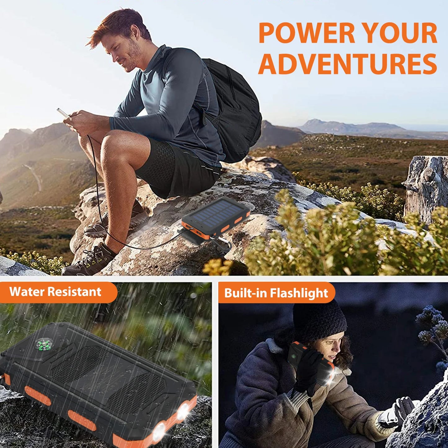 Solar Power Bank Portable Solar Charger Waterproof LED Flashlight