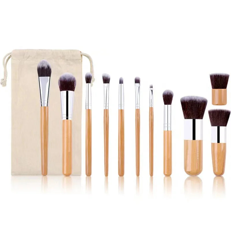 Natural Bamboo Handle Makeup Brush Set 11 Pcs Foundation Blending