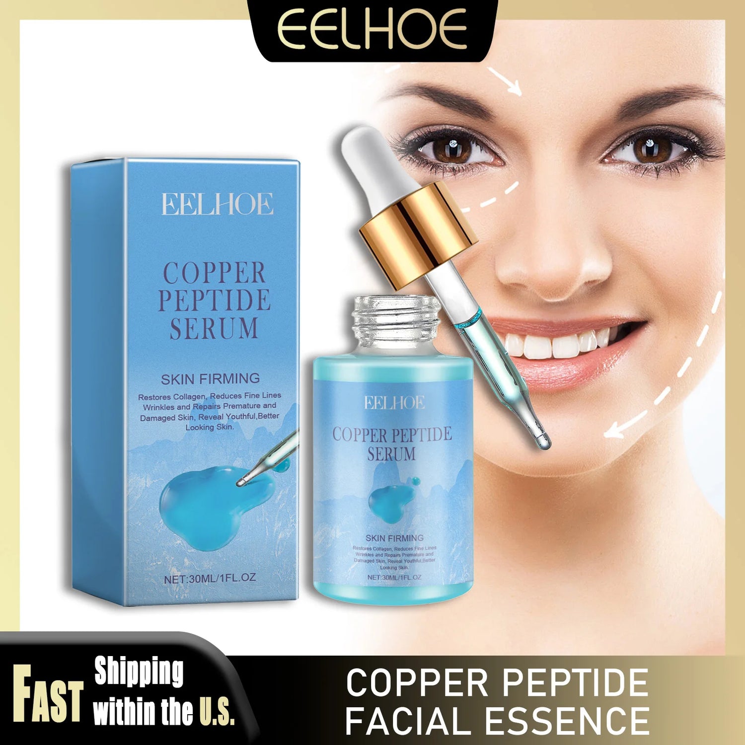 EELHOE Copper Peptide 30ml Facial Serum Moisturizing Firming Face Skin Increase Elasticity Anti Wrinkle Lines Daily Facial Care by Home for Health and Beauty