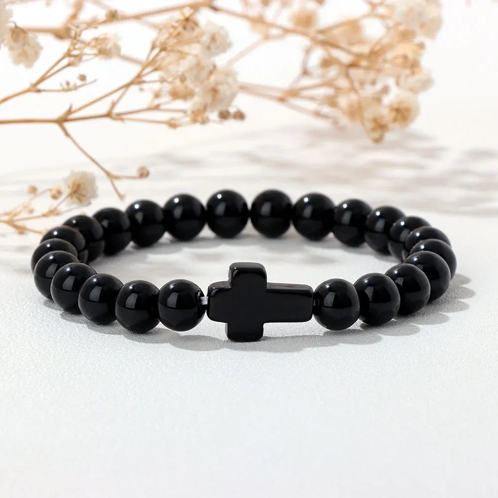 Natural Stone Cross Bracelets Unisex Prayer Yoga Jewelry