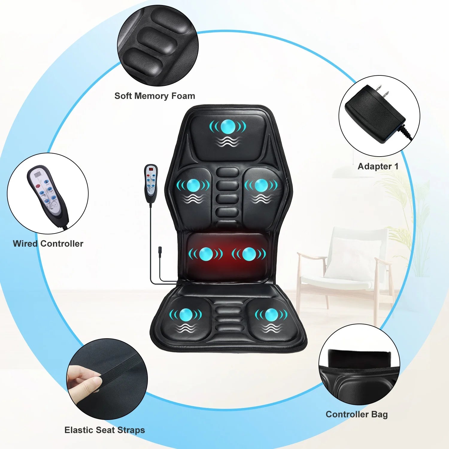 HOMEMASSA Vibration Back Massager Seat Cushion With Heat Massage Chair Pad by Home for Health and Beauty