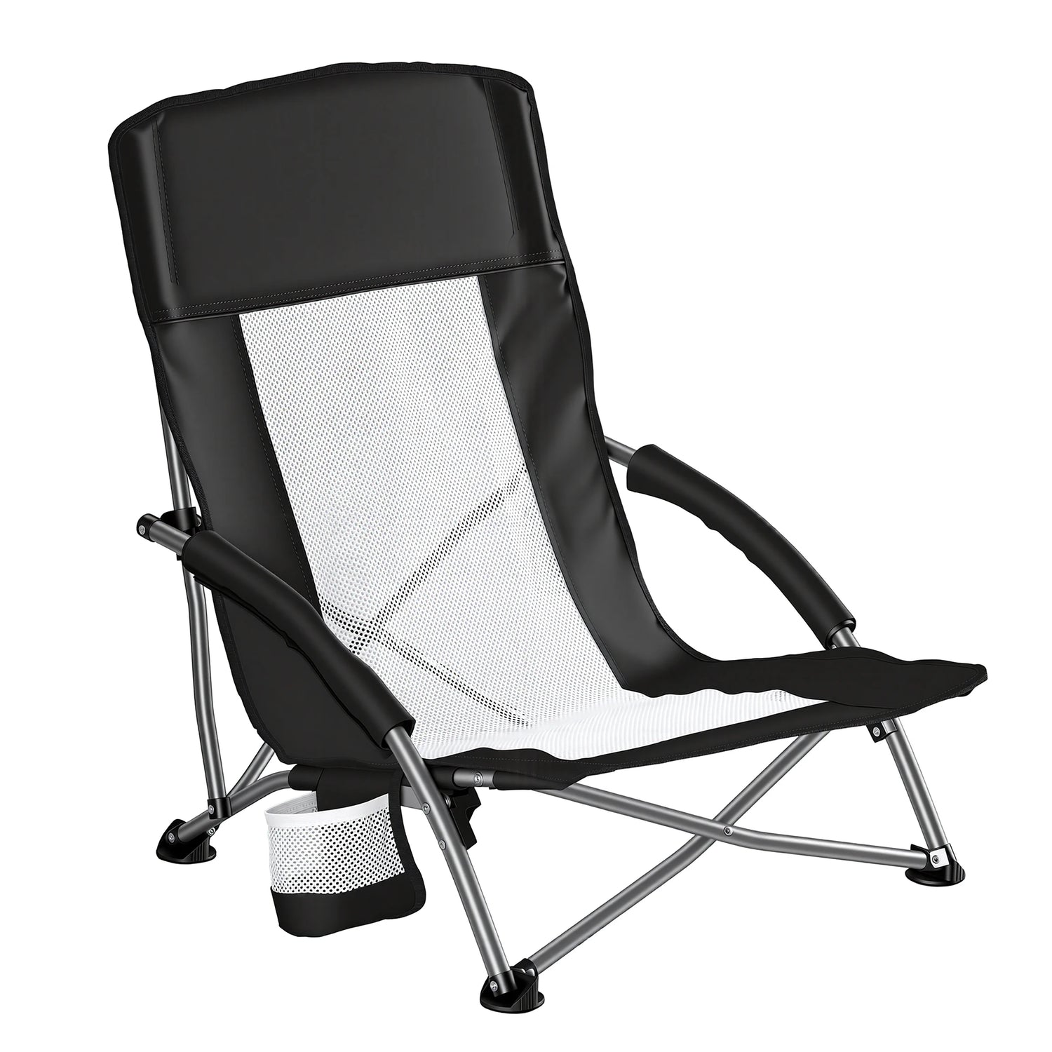 Camping Beach Chair Portable Lightweight Low Mesh Back Padded Armrests Folding Beach Chair with Cup Holder Storage Pocket for Camp Picnic Lawn by Home for Health and Beauty