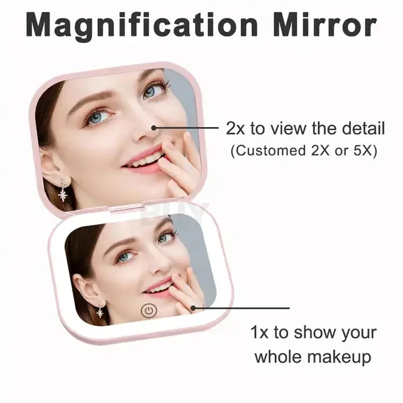 Compact Mini Vanity Mirror With Lights Portable 2X Magnification