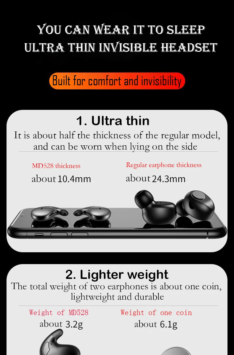 SK Ultra-thin Sleep Headphones 5.3 Wireless Bluetooth Headset Invisible Earbuds Hidden In Ear Button Sports Earphones Waterproof by Home for Health and Beauty