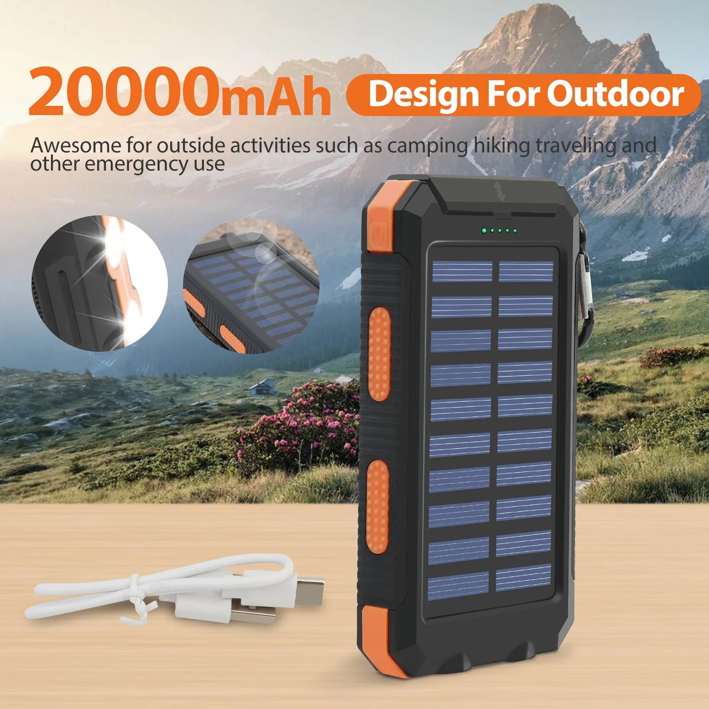 Solar Power Bank Portable Solar Charger Waterproof LED Flashlight