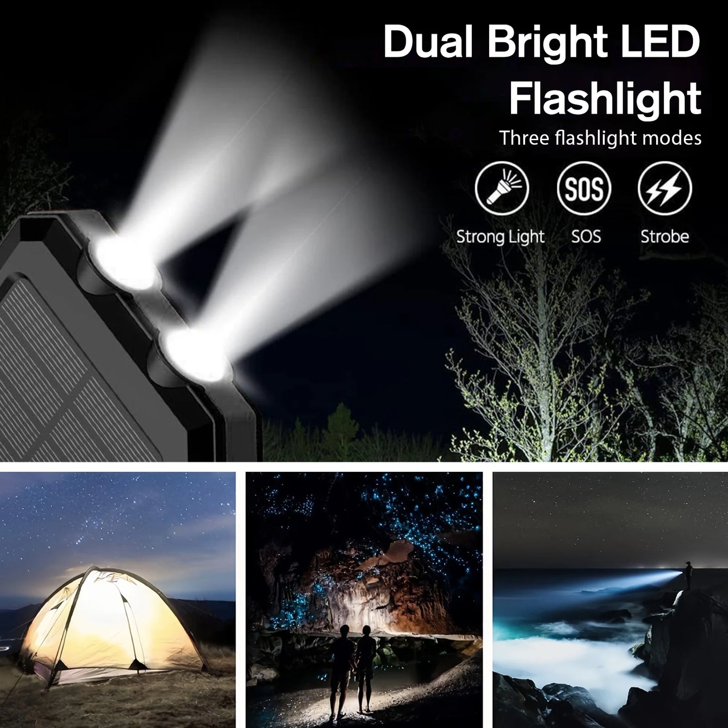 Solar Power Bank Portable Dual 30000mAh 5V USB Ports 2 LED Light Flashlight Fast Charging for iPhone Samsung Tablets by Home for Health and Beauty
